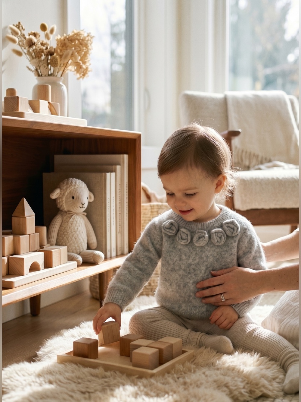 George Light Gray Knit Toddler Sweater with Rosette Trim